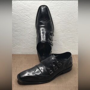 Asher Green Men's Dress Shoes Size 10.5 Black Leather Monk Strap Wingtip